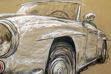 Mercedes Benz 190 SL Cabrio, Original-Pastellzeichnung auf Büttenpapier, fertig gerahmt inkl. Passepartout, 100 x 70 cm - Image 3