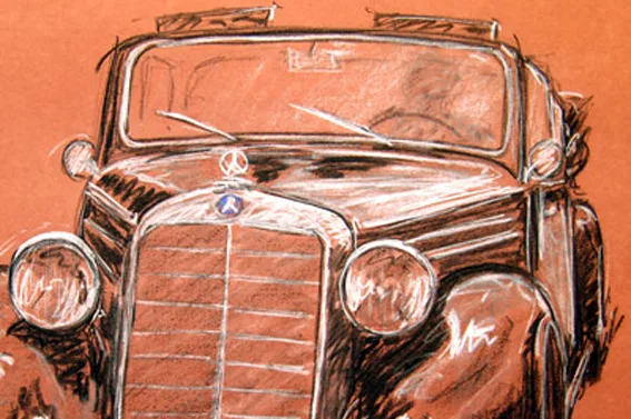 Mercedes Benz 170S Cabriolet, Original-Pastellzeichnung auf Büttenpapier, fertig gerahmt inkl. Passepartout, 100 x 70 cm - Image 3