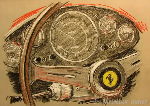 Ferrari 250 Testa Rossa – Cockpit, Pastellzeichnung, Büttenpapier, grau, Blatt 82 x 54 cm, Motiv 64 x 50 cm,