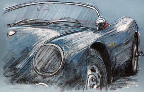 Porsche 550 Spyder - Original-Pastellzeichnung auf Büttenpapier (blau) / 86 x 54 cm / signiert