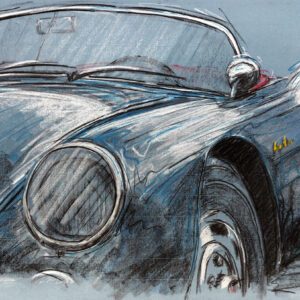Porsche 550 Spyder - Original-Pastellzeichnung auf Büttenpapier (blau) / 86 x 54 cm / signiert