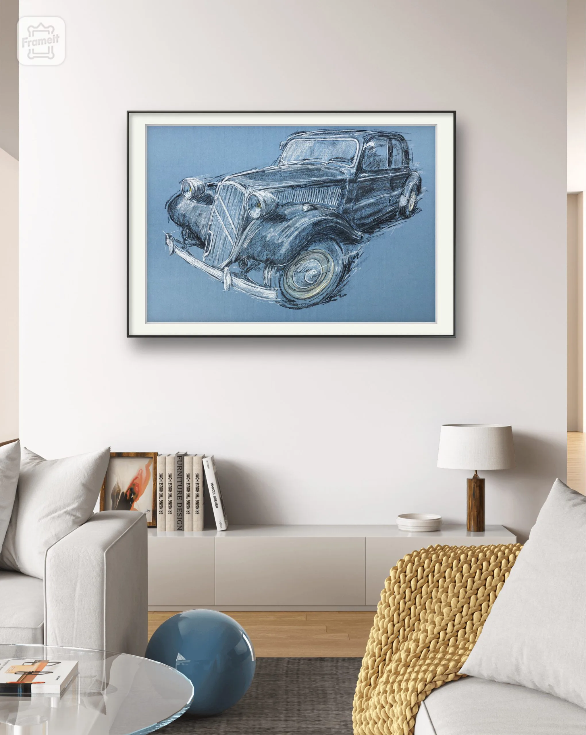 Citroen Traction Avant - Original - Pastellzeichnung auf Büttenpapier (blau) / 84 x 53 cm / signiert - Image 6