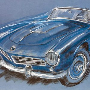 BMW 507 - Original - Pastellzeichnung auf Büttenpapier (blau) / Blatt 70 x 50 cm / signiert