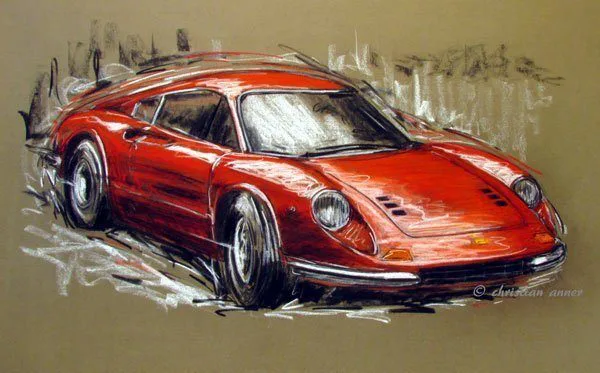 Dino 246 GT, Original-Pastellzeichnung auf Büttenpapier, fertig gerahmt inkl. Passepartout, 100 x 70 cm - Image 5