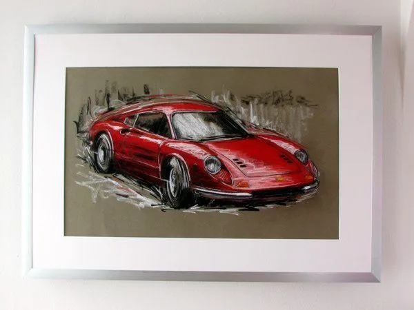 Dino 246 GT, Original-Pastellzeichnung auf Büttenpapier, fertig gerahmt inkl. Passepartout, 100 x 70 cm