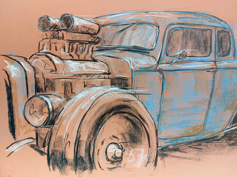 Hot Rod - Original - Pastellzeichnung auf Büttenpapier (rotbraun) / 84 x 53 cm / signiert - Image 2