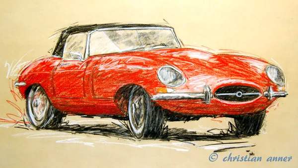 Jaguar E Type Cabrio Pastellzeichnung Oldtimer Kunst Art Anner