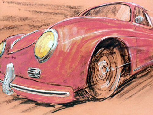 Porsche 356 - Original - Pastellzeichnung auf Büttenpapier (rotbraun) / Blatt 84 x 53 cm / signiert - Image 4