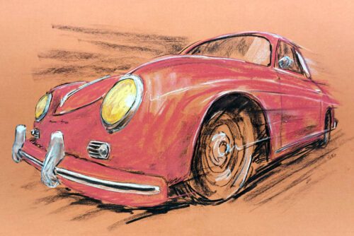 Porsche 356 - Original - Pastellzeichnung auf Büttenpapier (rotbraun) / Blatt 84 x 53 cm / signiert