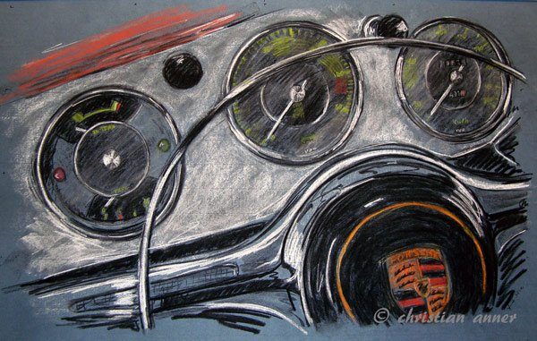 Porsche 356 Cockpit Pastellzeichnung