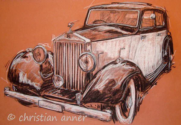 Rolls Royce 20/25 Sports Saloon Hooper, Pastellzeichnung