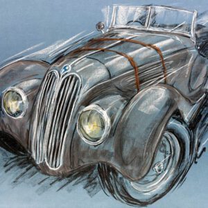 BMW 328 - Original - Pastellzeichnung auf Büttenpapier (blau) / Blatt 70 x 50 cm / signiert