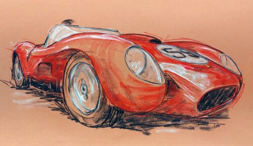 Ferrari Testa Rossa 250 - Original - Pastellzeichnung auf Büttenpapier (rotbraun) / Blatt 84 x 53 cm / signiert