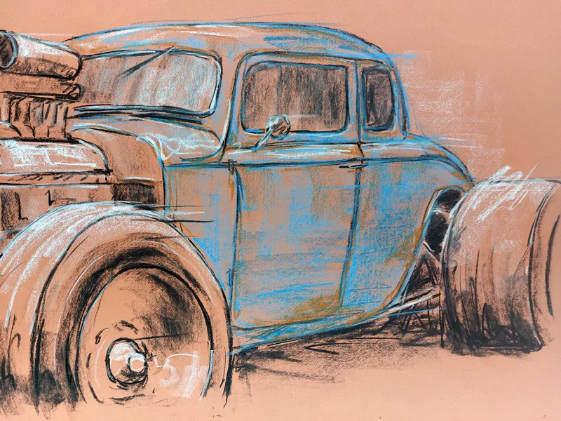 Hot Rod - Original - Pastellzeichnung auf Büttenpapier (rotbraun) / 84 x 53 cm / signiert - Image 3