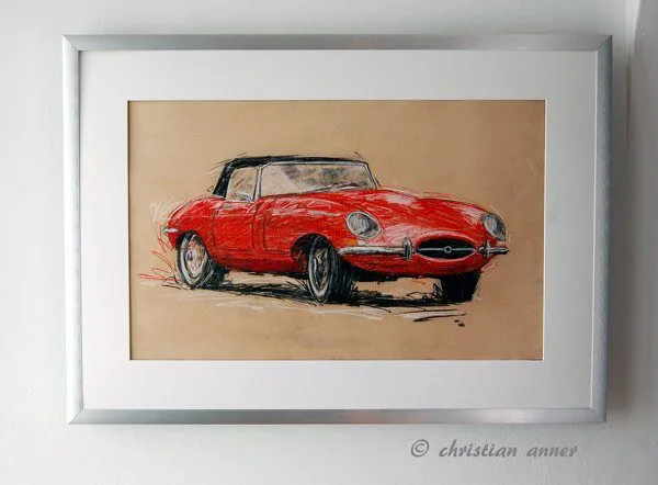 Jaguar E-Type Cabrio Oldtimer Kunst Oldtimer Pastellzeichnung