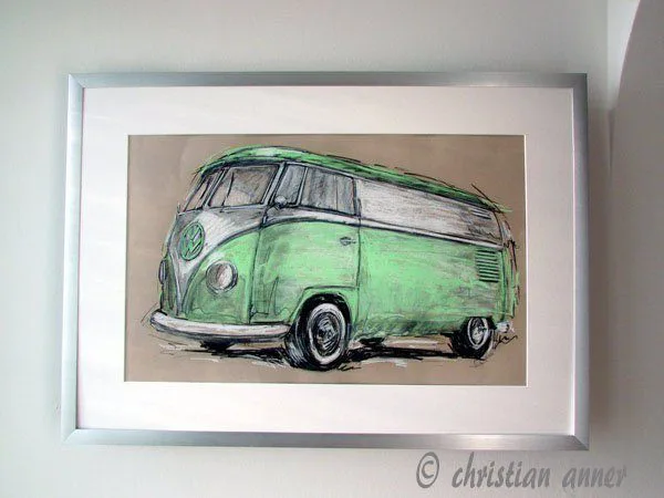 vw bulli gerahmt Oldtimer Pastellzeichnung